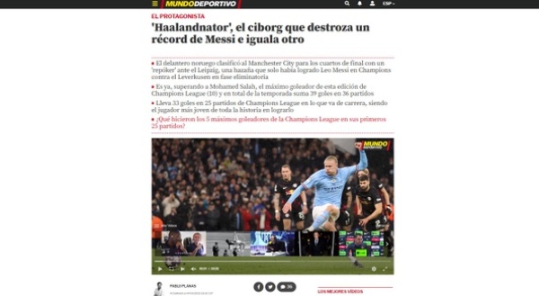 Haalandnator là cách chơi chữ mà Mundo Deportivo dùng để nói về Haaland.