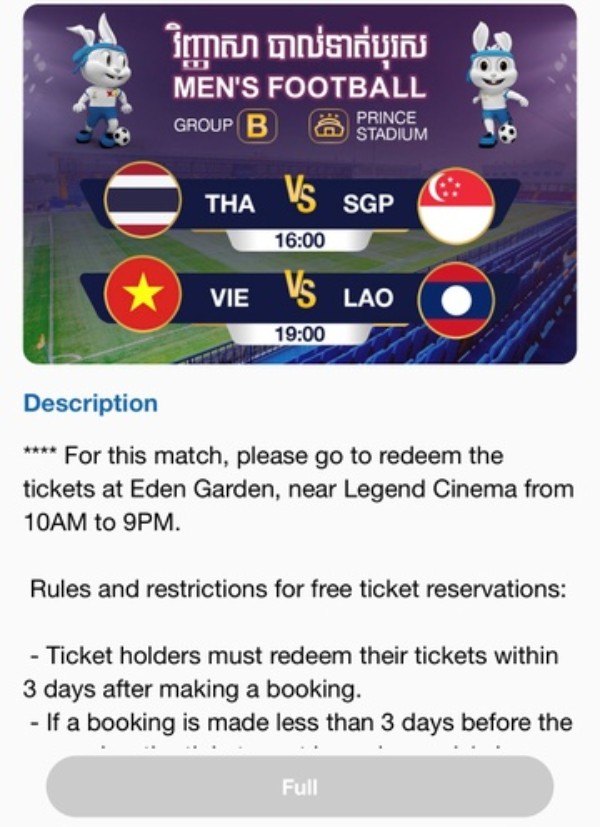 Ứng dụng của SEA Games báo vé xem ngày thi đấu bảng B hôm 30/4 đã kín.