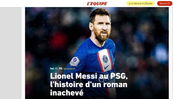 L'Équipe đăng tải bài viết với dòng tiêu đề: “Lionel Messi ở PSG, câu chuyện về một cuốn tiểu thuyết còn dang dở”.